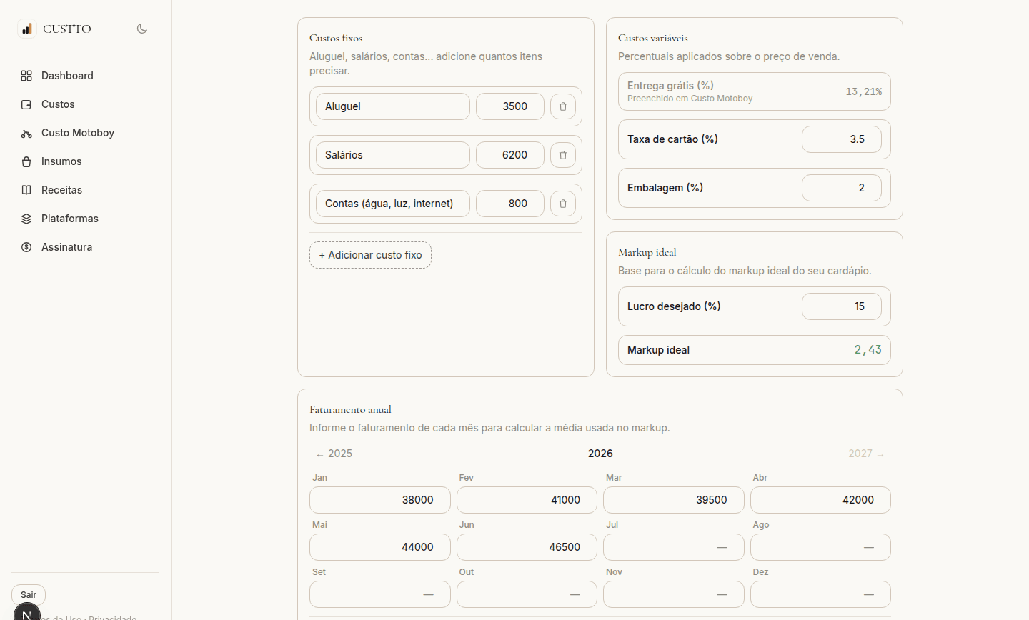 Tela de Configurações de Custos do CUSTTO, com custos fixos, variáveis e markup ideal